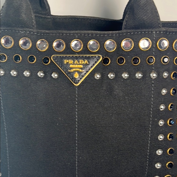 Prada Canapa Studded Black Denim Tote Bag - Picture 2 of 11